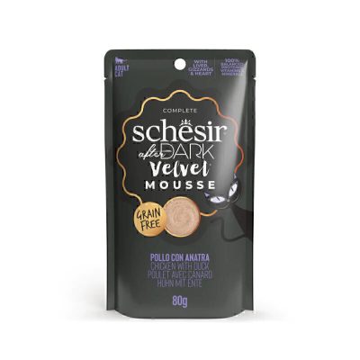 پوچ گربه شسیر دارک با طعم مرغ و اردک در موس  Schesir Dark Velvet Chicken With Duck In Mousse